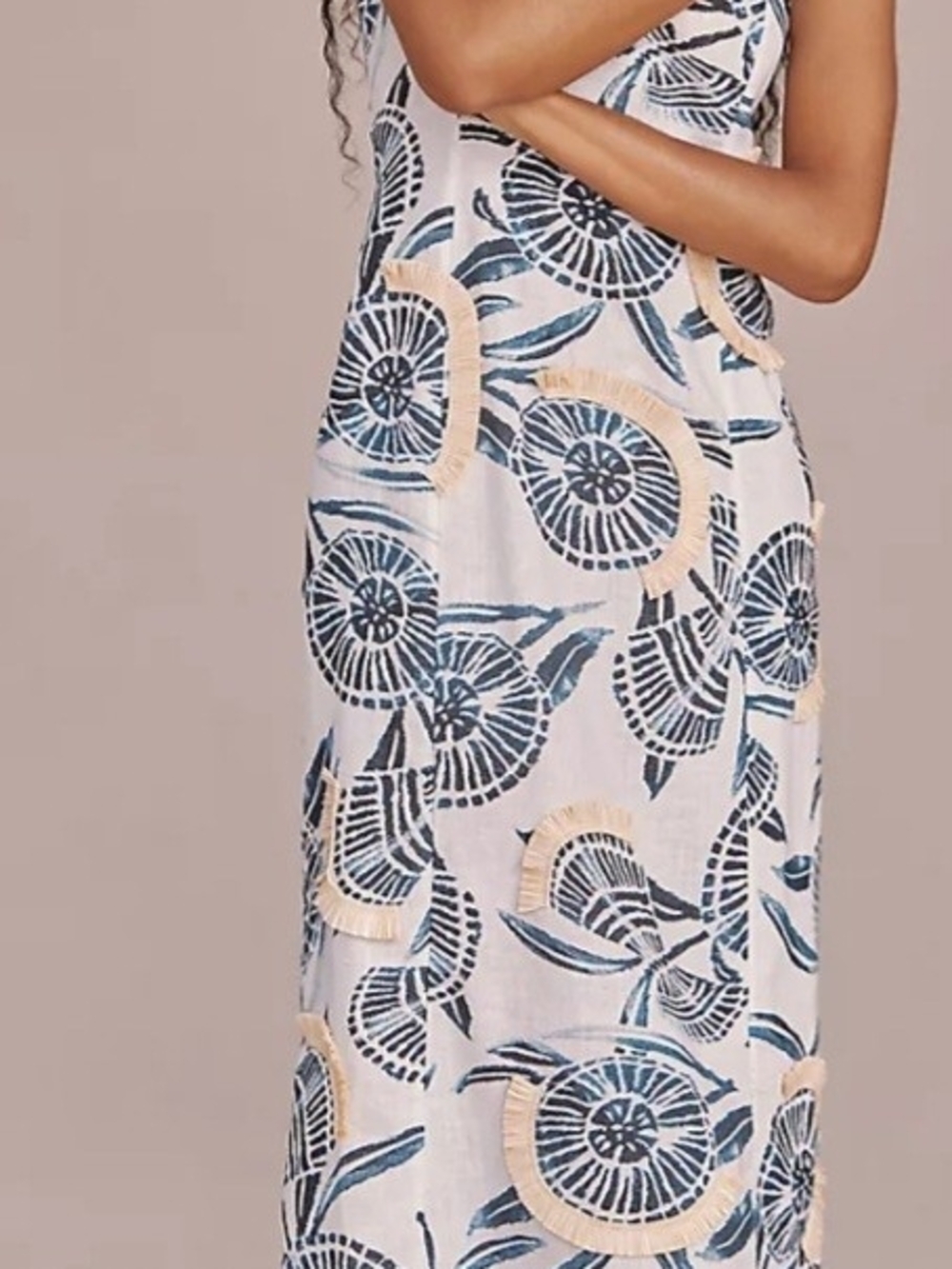 Anthropologie White Maxi Dress with Navy Floral Print and Beige Fringe